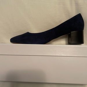 Navy blue suede pump with black block heel. Size 8.5